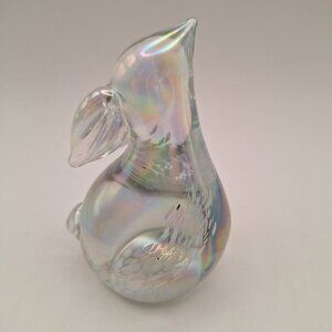 CLEAR ART GLASS IRIDESCENT WHITE SPECKLE BUNNY RABBIT FIGURINE PAPERWEIGHT